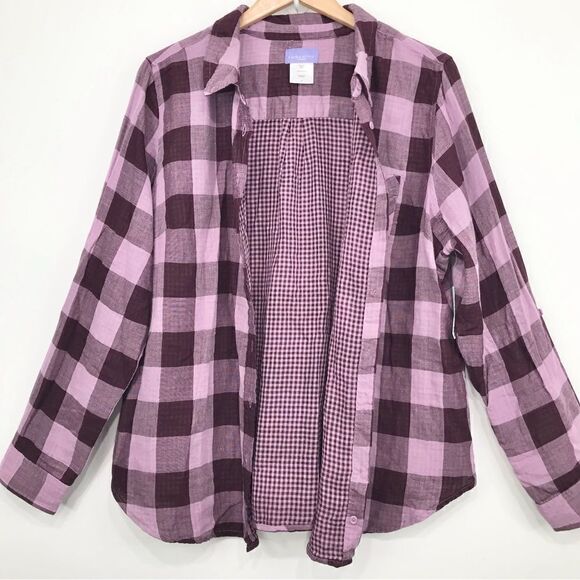 Laura Scott Purple Gingham Plaid Roll Tab Sleeve Button Up Shirt NEW - Picture 4 of 14